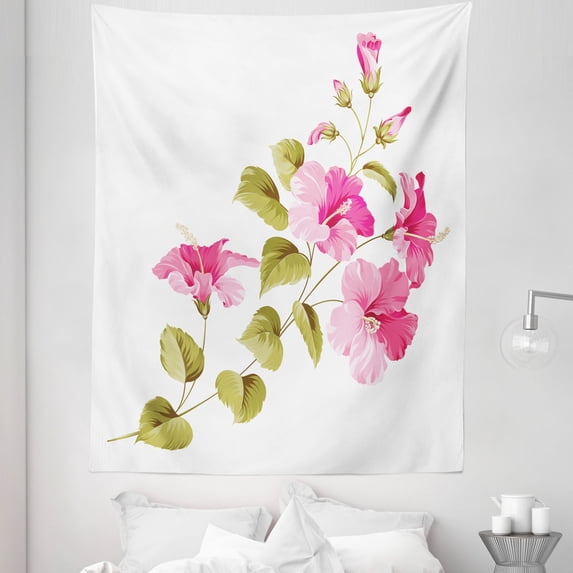 Tropic Tapestry, Tropic Wild Hibiscus Flower Branch with Fresh Leaves Exotic Flora Concept, Fabric Wall Hanging Decor for Bedroom Living Room Dorm, 5 Sizes, Pink Green White, by Ambesonne