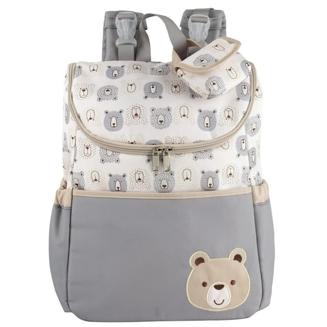 Baby Essentials Multi-Pocket Teddy Bear Print Baby Diaper Bag Backpack with Stroller Straps, Matching Changing Pad and Pacifier Pouch