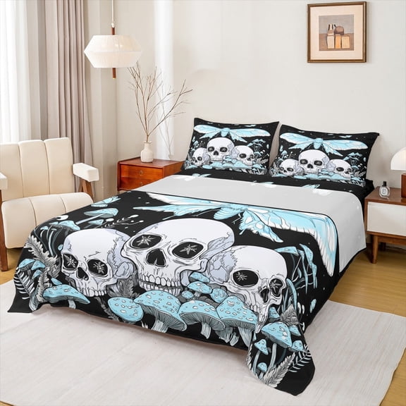 Feelyou Rustic Moth Butterfly Full Size Sheets, Horror Skeleton Bed Sheets, Mystic Jungle Mushroom Sheet Sets, Ultra Soft Home Decor, 4pcs