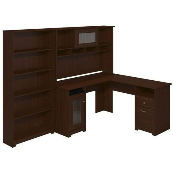 Pemberly Row 60" L-Shape Desk with Hutch and 5 Shelf Bookcase in Cherry