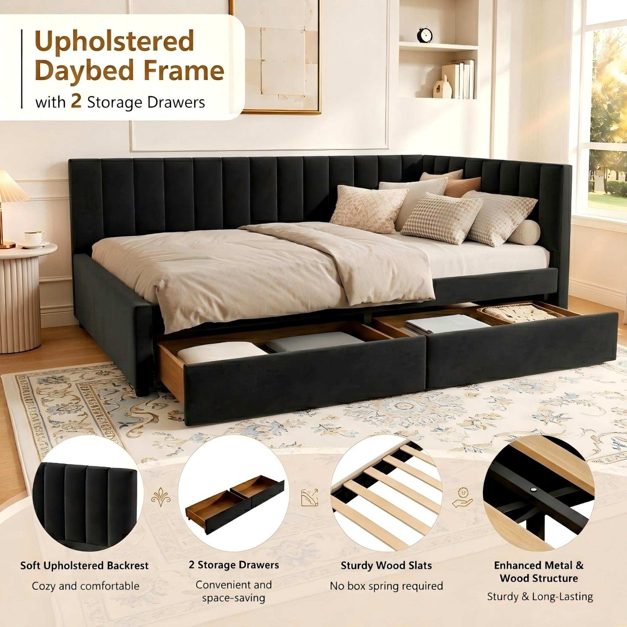 Aukfa Full Size Upholstered Daybed with 2 Storage Drawers, Velvet L-Shaped Channel-Tufted Headboard, Black