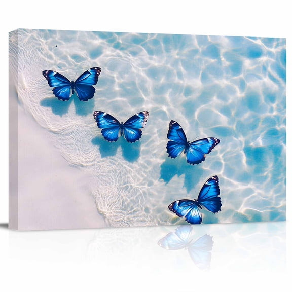 Blue Butterfly Canvas Print Wall Art Ocean Water Beach Scenery Pictures Painting Morden Artwork for Living Room Bedroom, Ready to Hang - 12"x16"