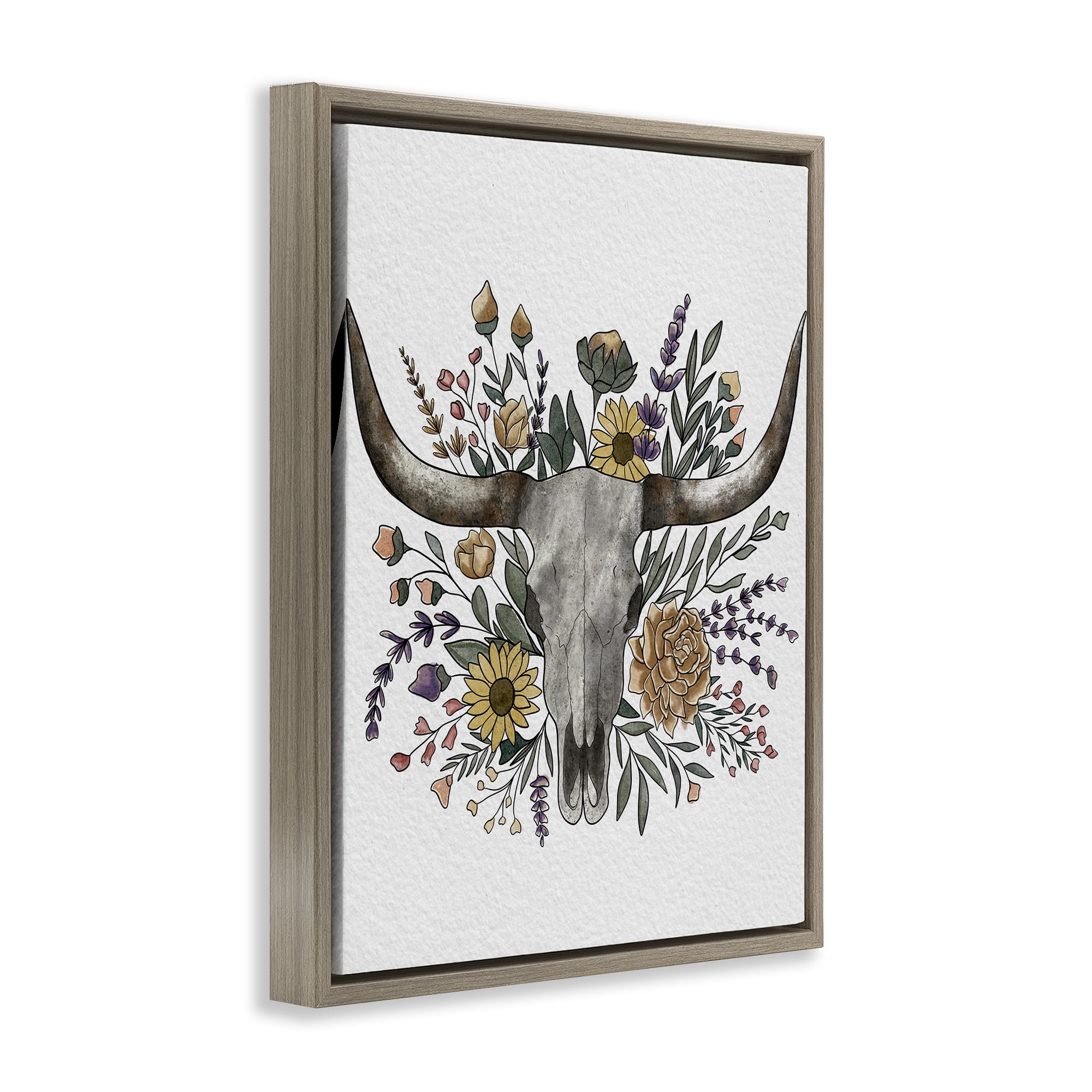 Stupell Industries Boho Wildflower Longhorn Brown Framed Floater Canvas Wall Art, design by Alisha Kiara Design
