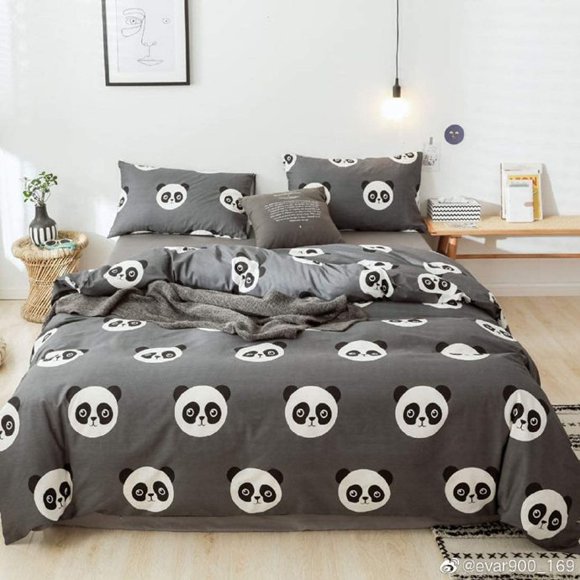 Ensemble de Housse de Couette Dessin Animé, Petit Motif Panda Imprimé sur Gris Foncé, Ensemble de Literie Doux 100 % Coton pour Filles Garçons Femmes, Housse de Couette Japonaise Fraise avec Fermeture Éclair (Panda, 3 Pcs, Format Grand Lit)