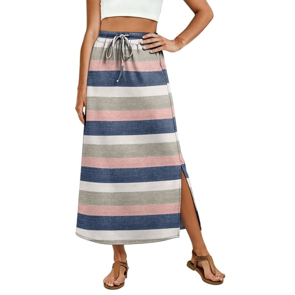 Women's Maxi Skirt Summer Boho Striped Print Elastic Waisted Drawstring Skirt Casual Beach Long Skirts with Pockets Blue XL