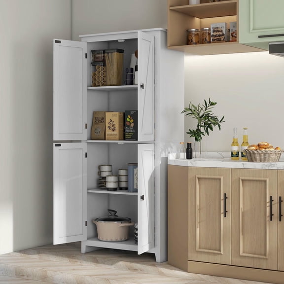 YYAo 72" Kitchen Pantry Storage Cabinet with 4 Door Cabinets and Adjustable Shelves, Cabinet for Dining Room, White