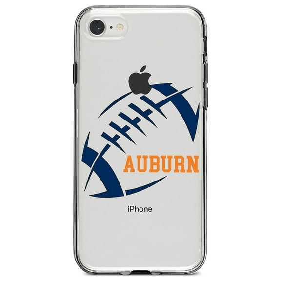 DistinctInk Clear Shockproof Hybrid Case for iPhone 7 8 SE (2020 Model) 4.7" Screen TPU Bumper Acrylic Back Tempered Glass Screen Protector - Auburn Football - Orange, Blue