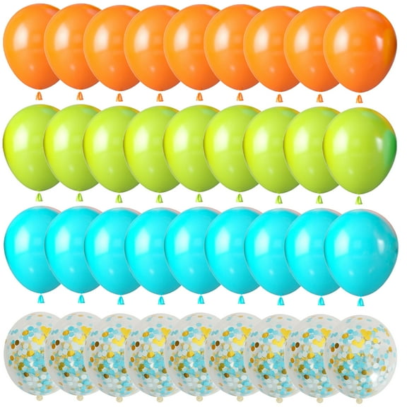 55PCS 12 Inch Fruit Green Blue and Orange Confetti Balloons with Ribbon for Birthday Baby Shower Dino Jungle Birthday Party Decorations