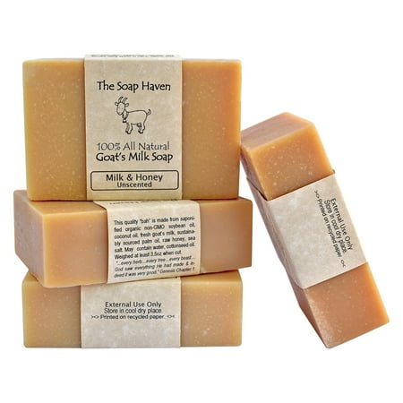 4 Goat Milk Soap Bars with Honey - Handmade in USA. All Natural Soap - Unscented, Fragrance Free, Fresh Goats Milk. Wonderful for Eczema, Psoriasis, Babies, and Sensitive Skin. SLS, Paraben,