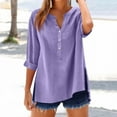 thumbnail image 2 of WTOBBY Women's V-Neck Button Down Casual Shirt, Solid Color Long Sleeve Split Hem Blouse Top, Cotton Linen Blend Lightweight Fabric for Daily Wear,Purple L, 2 of 6