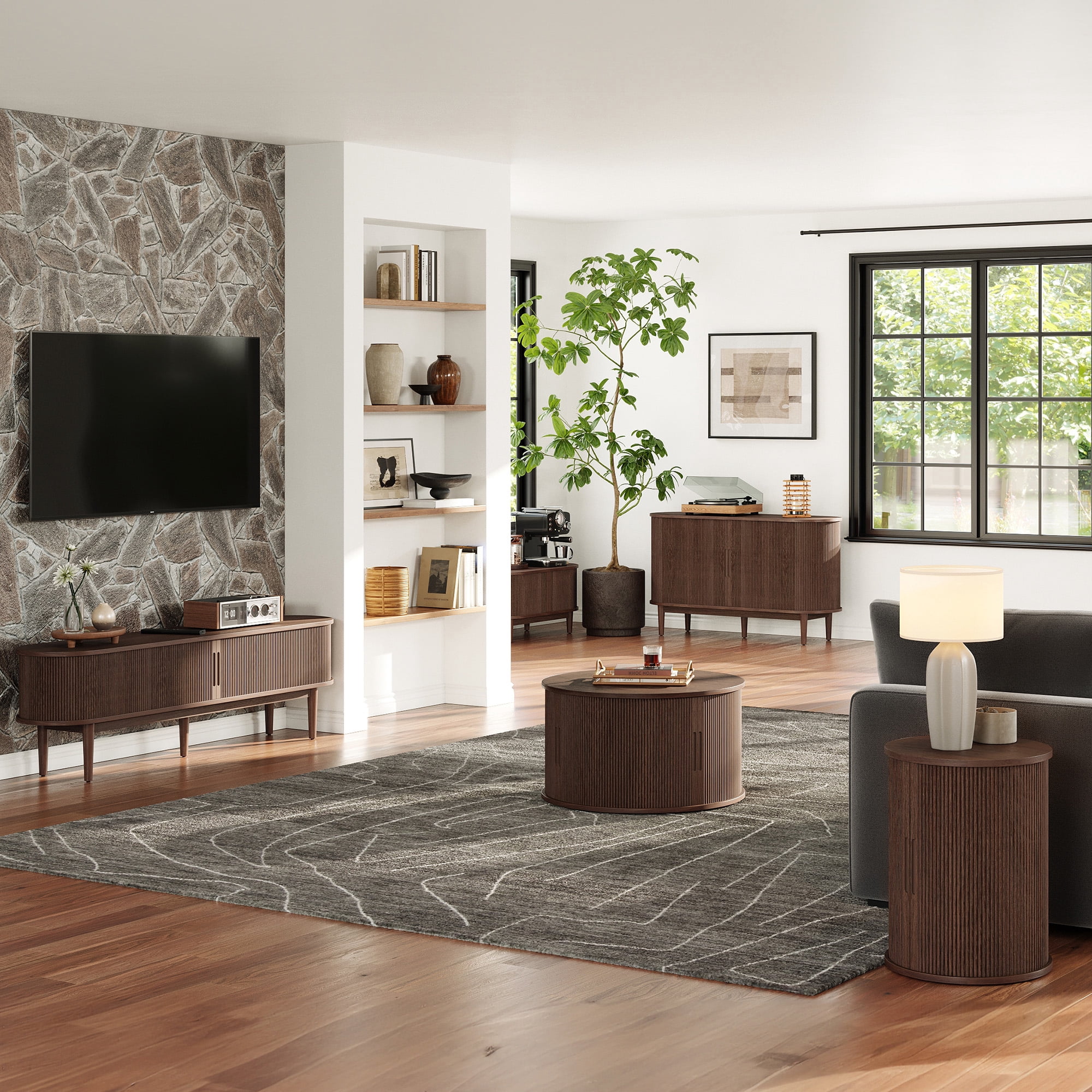 LINSY HOME Fluted Pantry Storage Cabinet, Kitchen Cabinets with Sliding Tambour Door, Wide Storage Cabinet with Removable & Adjustable Shelves for Dining Room, Living Room, Bathroom, Walnut