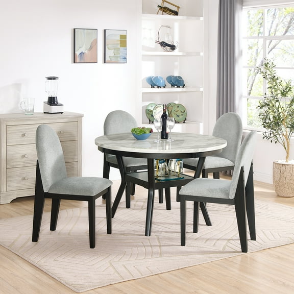 HSMYGCS 5 Piece Dining Table Set Round Dining Table with 4 Upholstered Chairs Kitchen Breakfast Furniture