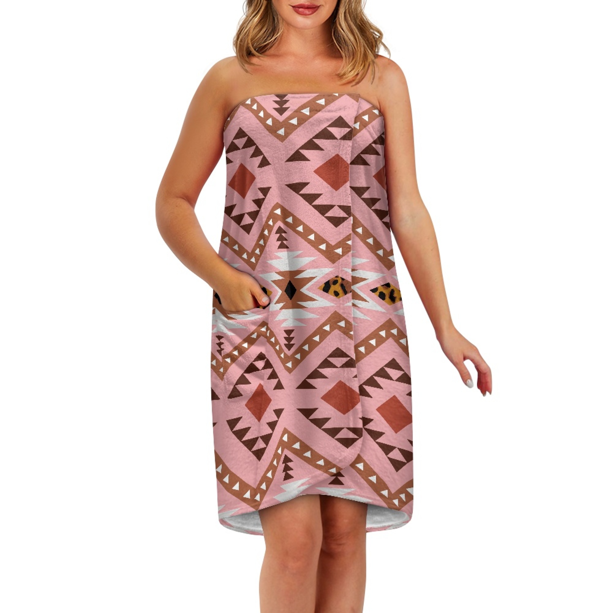 Yuyamidu Aztec Ethnic Gemoetric Shower Wrap for Women Pink Bath Wrap Quick Dry Bath Body Towel Wrap Lightweight Knee Length Bath Towels Spa Shower Wrap Robe Size L