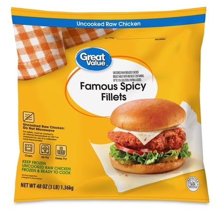 Great Value Spicy Famous Fillet, Ready to Cook Breaded Chicken Breasts, 14g Protein, Frozen, 3 lb
