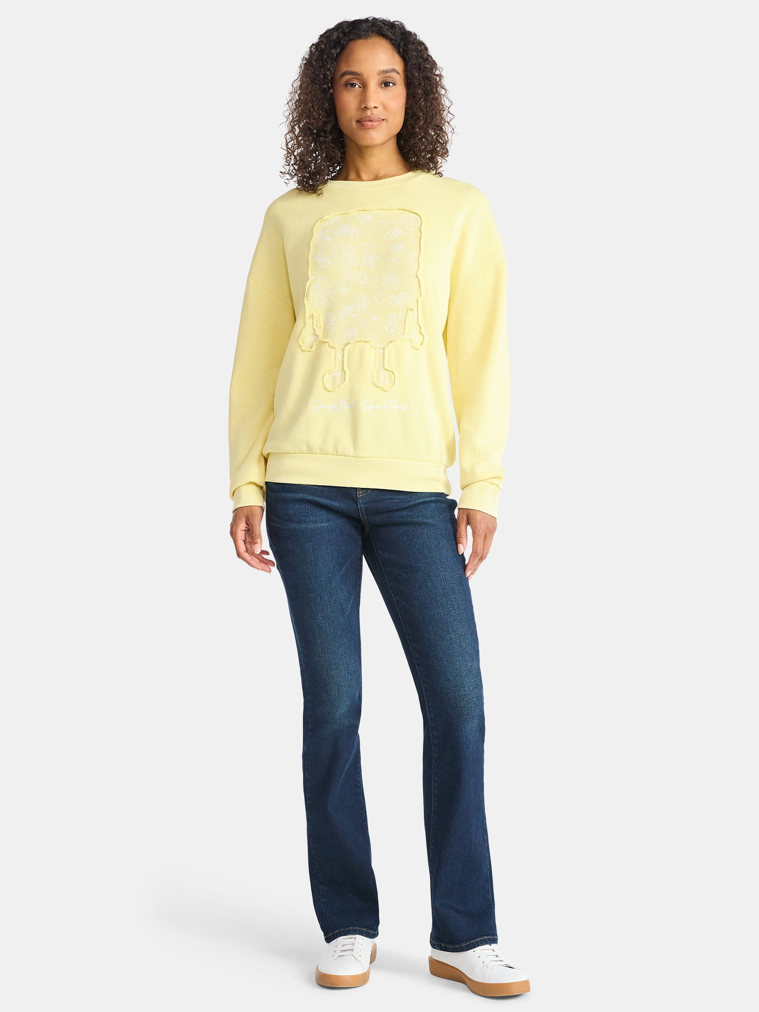 SpongeBob SquarePants Women’s Textured Graphic Crew Sweatshirt, Sizes XXS-XXL