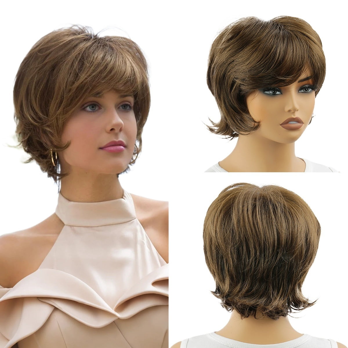 Middle-aged and elderly women's wigs with short curly hair, slightly curly wigs, high-temperature silk oblique bangs, mother's hairstyle