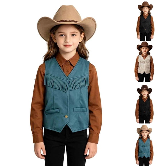 Y-Sunset Kids Western Fringe Vest, Boys Girls Sleeveless Cowboy Cowgirl Tassel Vest, Boho 70s Hippie Style Open Front Vest for Dress Up Party(Navy/3-4 Years)