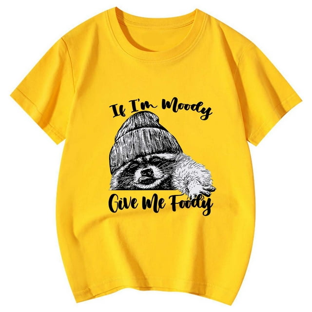 NINGMENG Hauts et T-Shirts pour Filles Enfants Mignon Raton Laveur Imprimé Animal Col Rond Manches Courtes Chandail T-Shirts Extérieur, Jaune, 5-6 Ans
