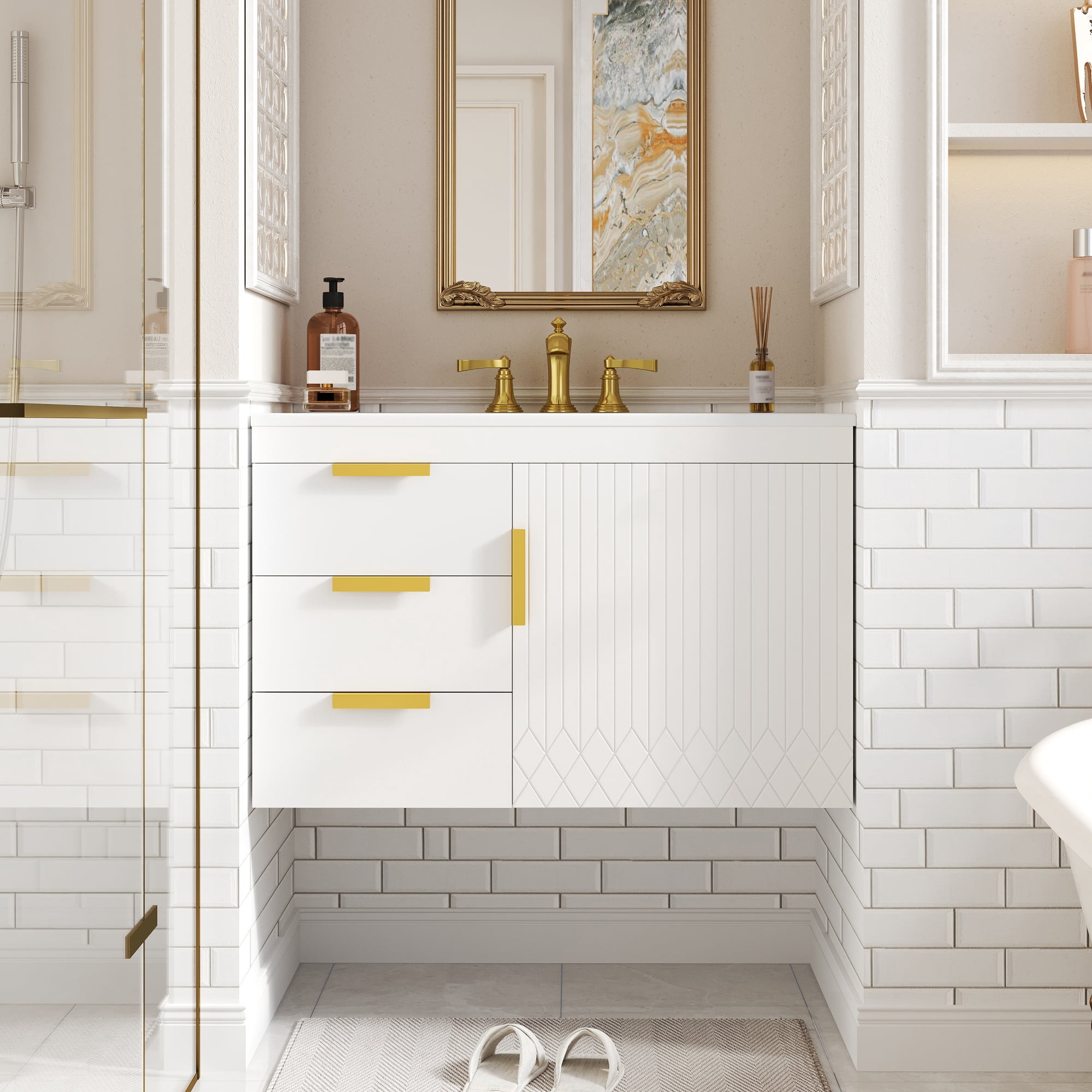 Euroco 30" Wall Mounted Bathroom Cabinet with Ceramic Basin Sink, Bathroom Cabinet with Soft-Closing Door and Drawers, Modern Bathroom Vanity with Sink