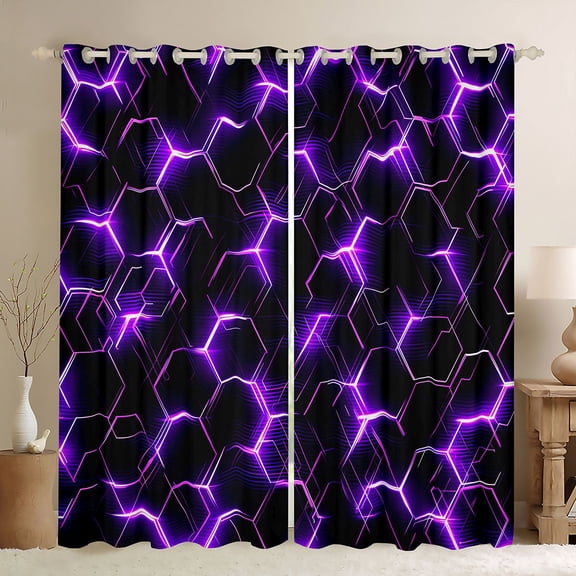 Manfei Futuristic Hexagon Blackout Curtains Set of 2 (52x84 Each), Purple Neon Honeycomb Curtain, Purple Black