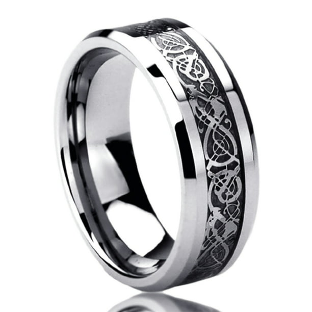 Men Women Stainless Steel 8mm Wedding Band Ring Celtic Dragon Inlayed ...