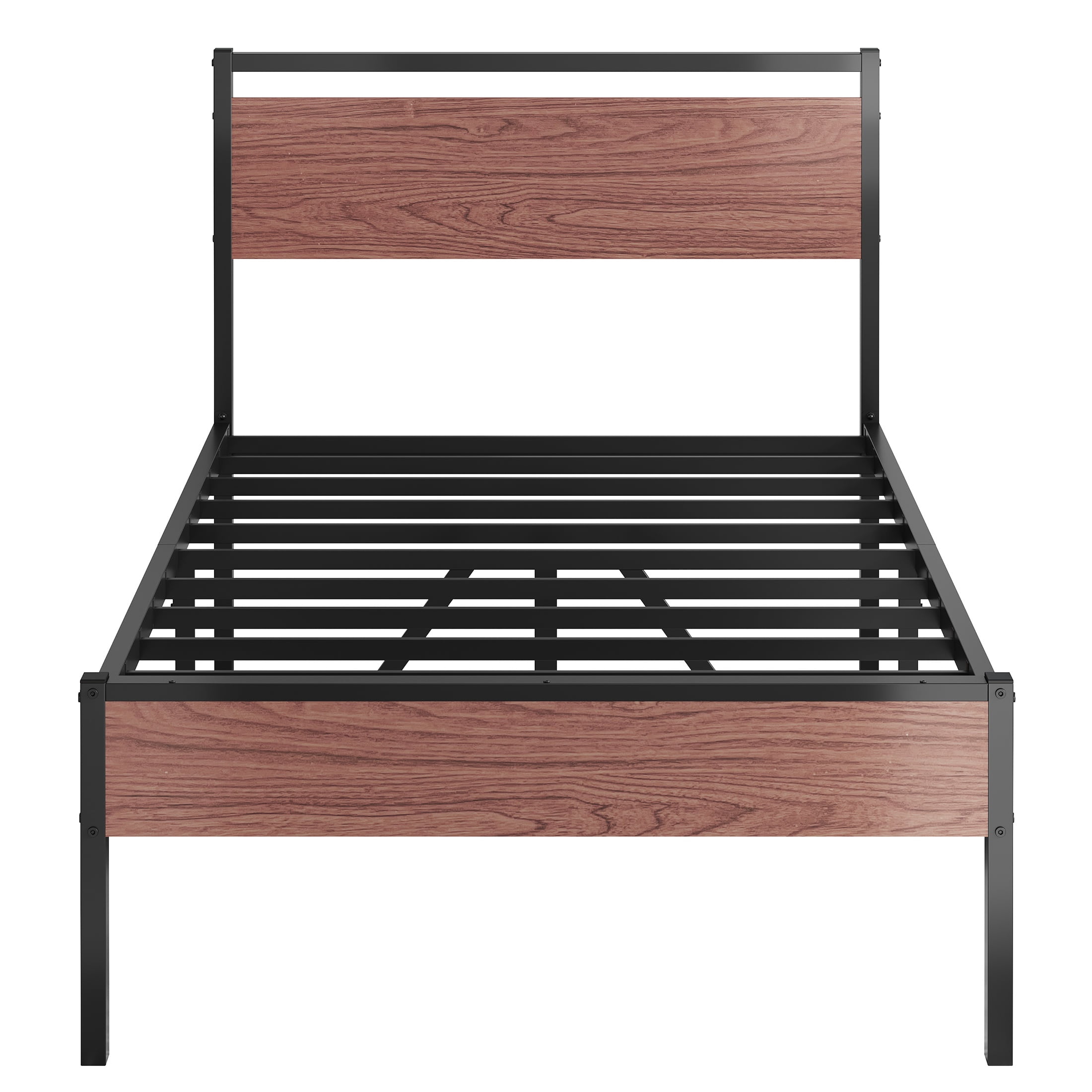 PAPROOS Twin Bed Frame, Metal Twin Bed with Wooden Panel Headboard, Platform Bed with Underbed Storage, Twin Size Metal Bed Frame, No Box Spring Needed, Rustic Brown