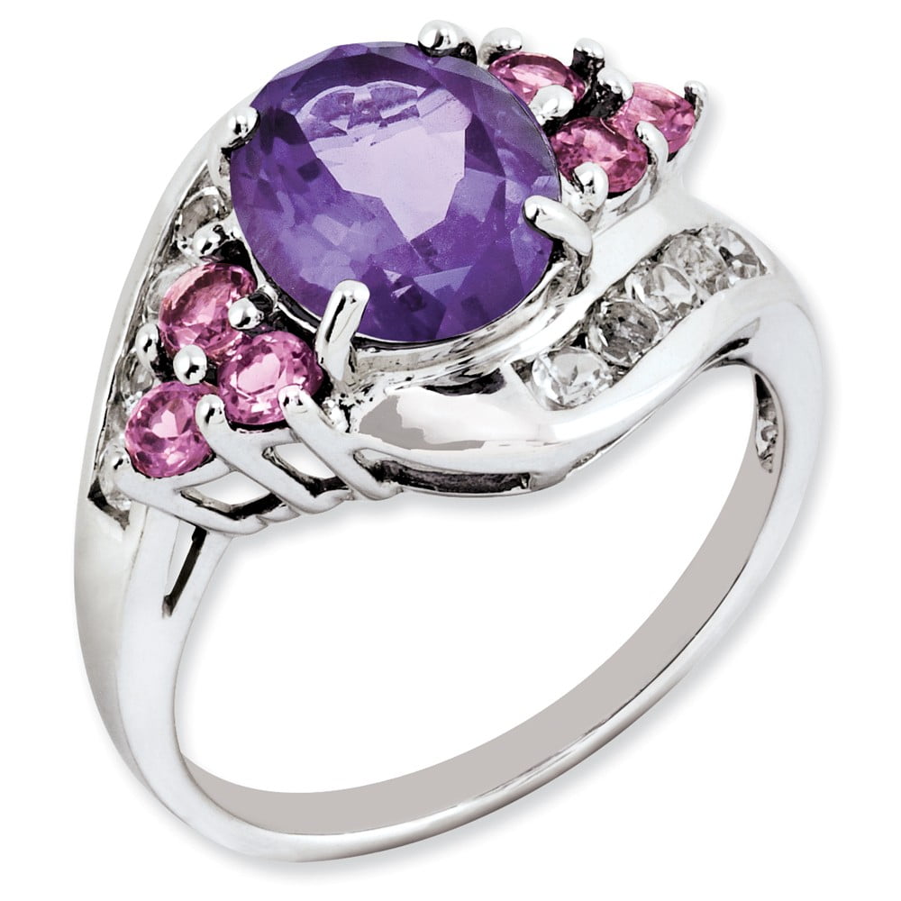 925 Sterling Silver Amethyst and Pink Tourmaline and White Topaz Ring Size-5 by