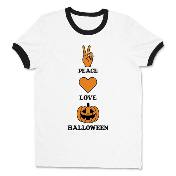 Peace Love and Halloween Ringer Tee Shirt Unisex 2X-Large White/Black