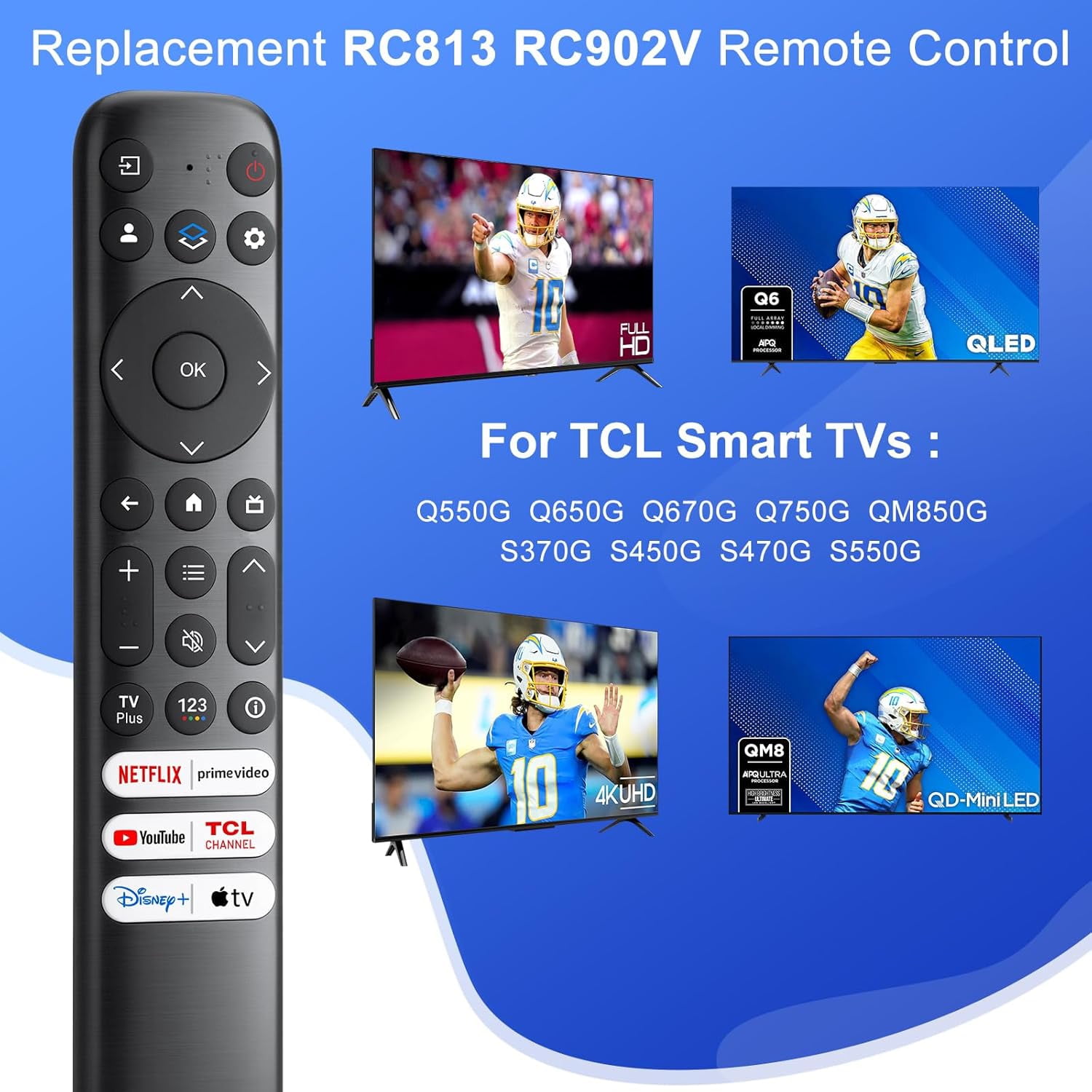 Replacement for TCL Google TV Remote Control, RC813 Compatible with TCL QM8/QM7/S5/S4/S3/Q7/Q6/Q5 4K UHD HDR LED QLED QD-MiniLED Full-HD Smart TVs