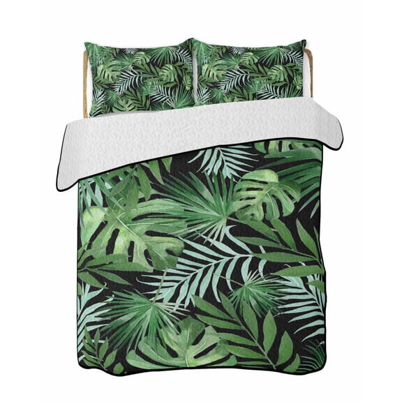 Quilts Queen Size Bedding Set, Green Tropical Botanical Lightweight Quilted Comforter, Summer Monstera Palm Leaves Black Reversible Bedspread Coverlet with Pillow Covers for All Season, 90" x 96"