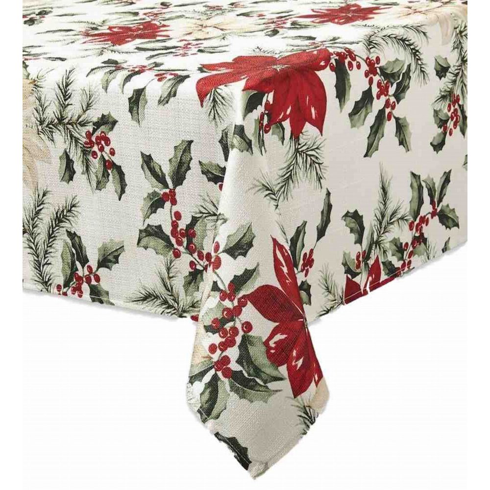 Christmas Poinsettia Holly & Pine Tablecloth, Woven Fabric Table Cloth