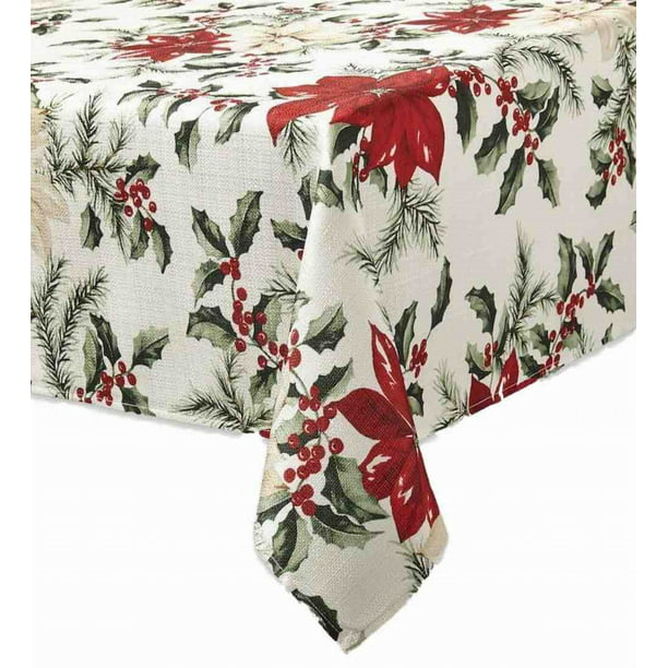 Christmas Poinsettia Holly & Pine Tablecloth, Woven Fabric Table Cloth ...