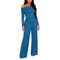 thumbnail image 2 of Women's 2 Piece Set, Off Shoulder Long Sleeve Top and Wide Leg Pants, Matching Lounge Sets for Women, Ruching Detail Loose Outfit for Casual Wear, Daily Outfits and Relaxation-Blue, 2 of 8