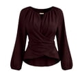 thumbnail image 2 of GILIGEGE Women's Lantern Sleeve Blouse,Cross Wrap Front Tie Back Dressy,Asymmetrical Wrap Tops,Ruched V Neck Long Sleeve Blouses,Soft Stretchy Fitted Blouse,Casual Work Going Out Wrap Top Wine XL, 2 of 3