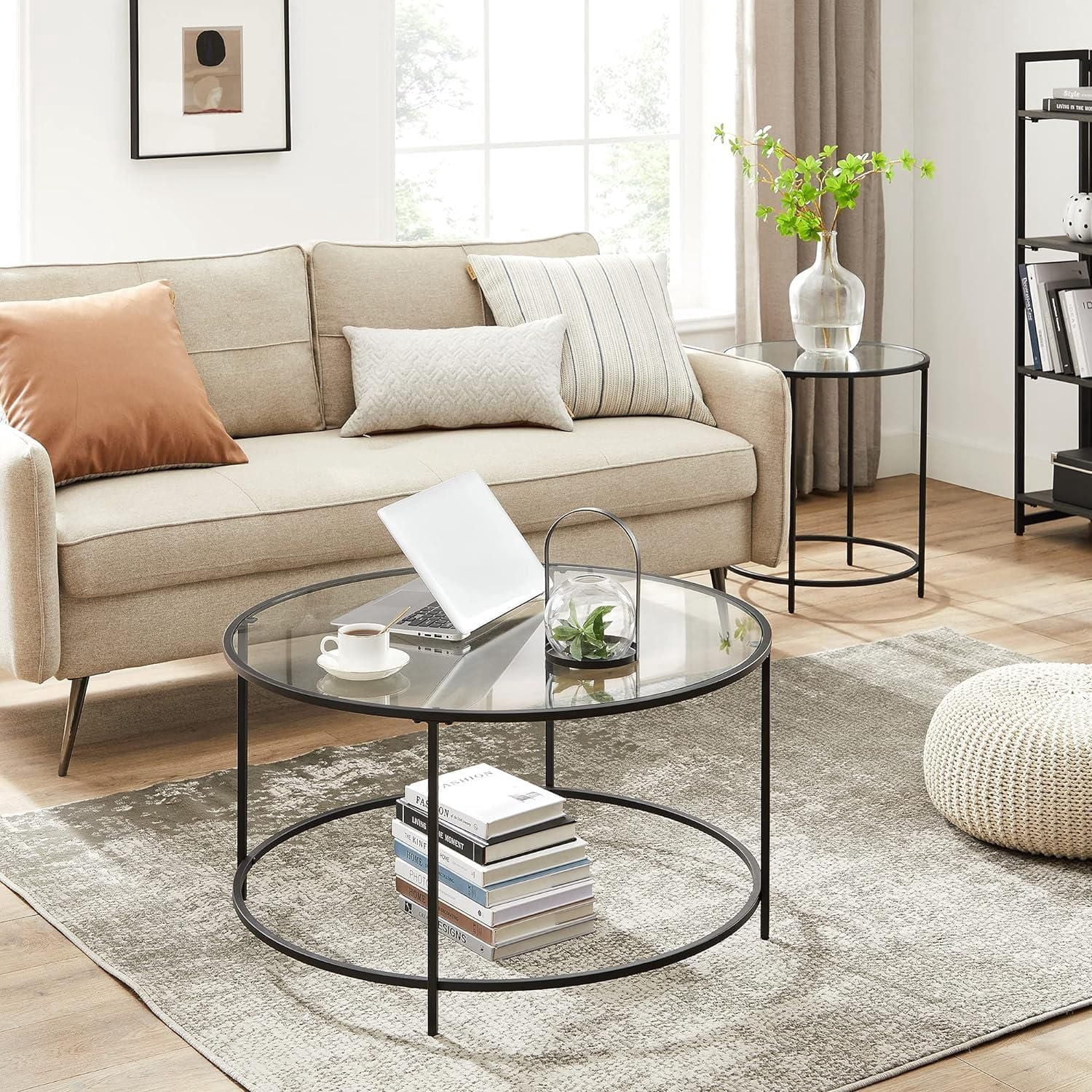 Boutique Home Round Coffee Table with Metal Frame and Tempered Glass Top