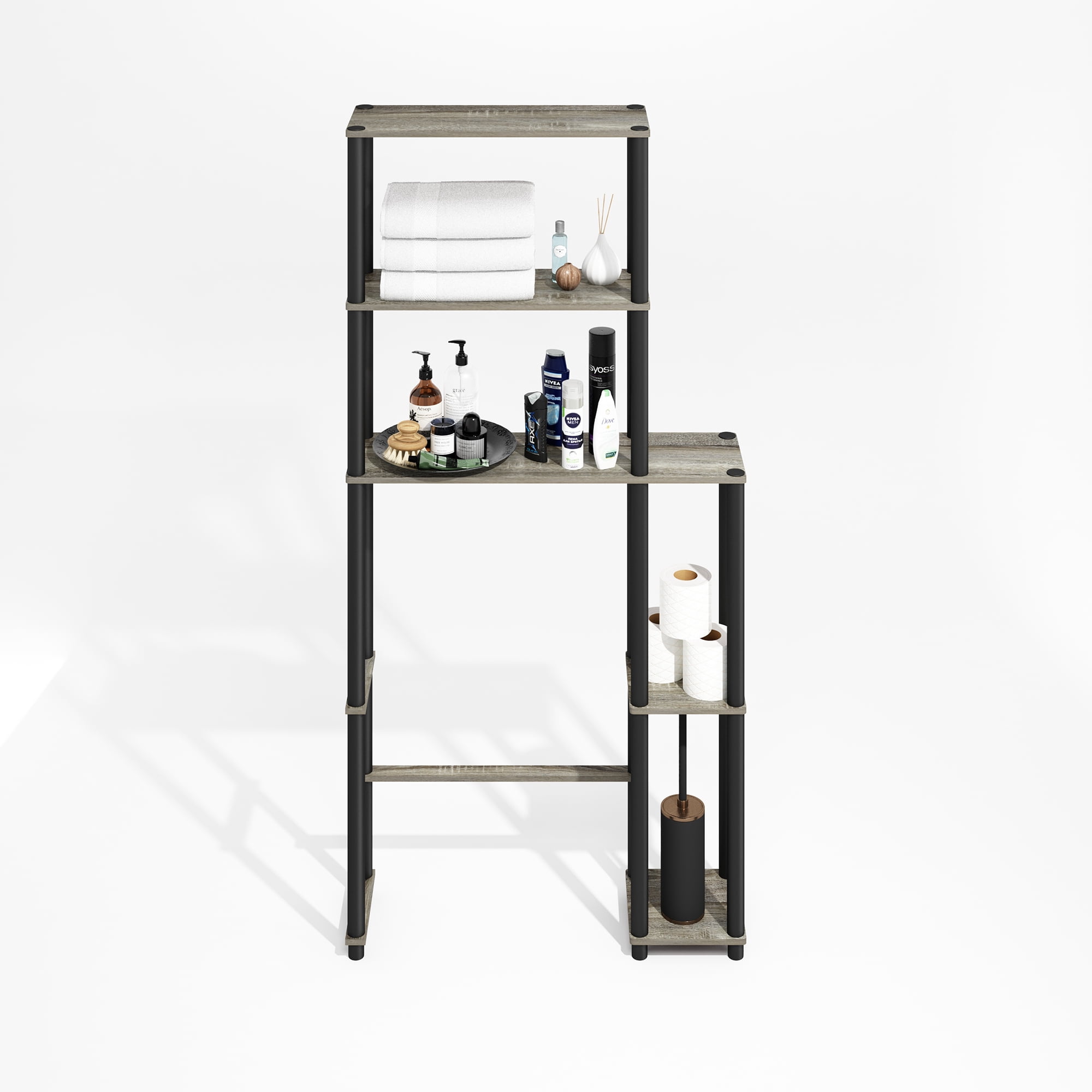 Furinno Turn-N-Tube Freestanding Over-The-Toilet Bathroom Shelves, Storage Rack with 5 Shelves, Grey Oak/Black