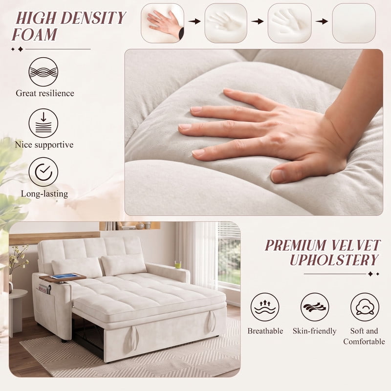 avobird 54'' Pull Out Sofa Bed, Convertible Sleeper Couch for for Living Room, Side Desk, USB Ports, Cup Hold, Velvet Fabric, Adjustable Backrest, Beige