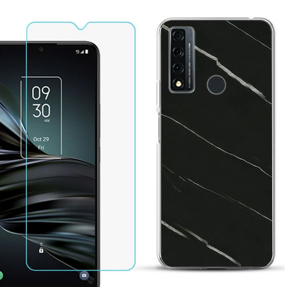 Slim-Fit Fashion Phone Case for TCL 20 XE, with Tempered Glass Screen Protector, by OneToughShield ® - Marble / Black