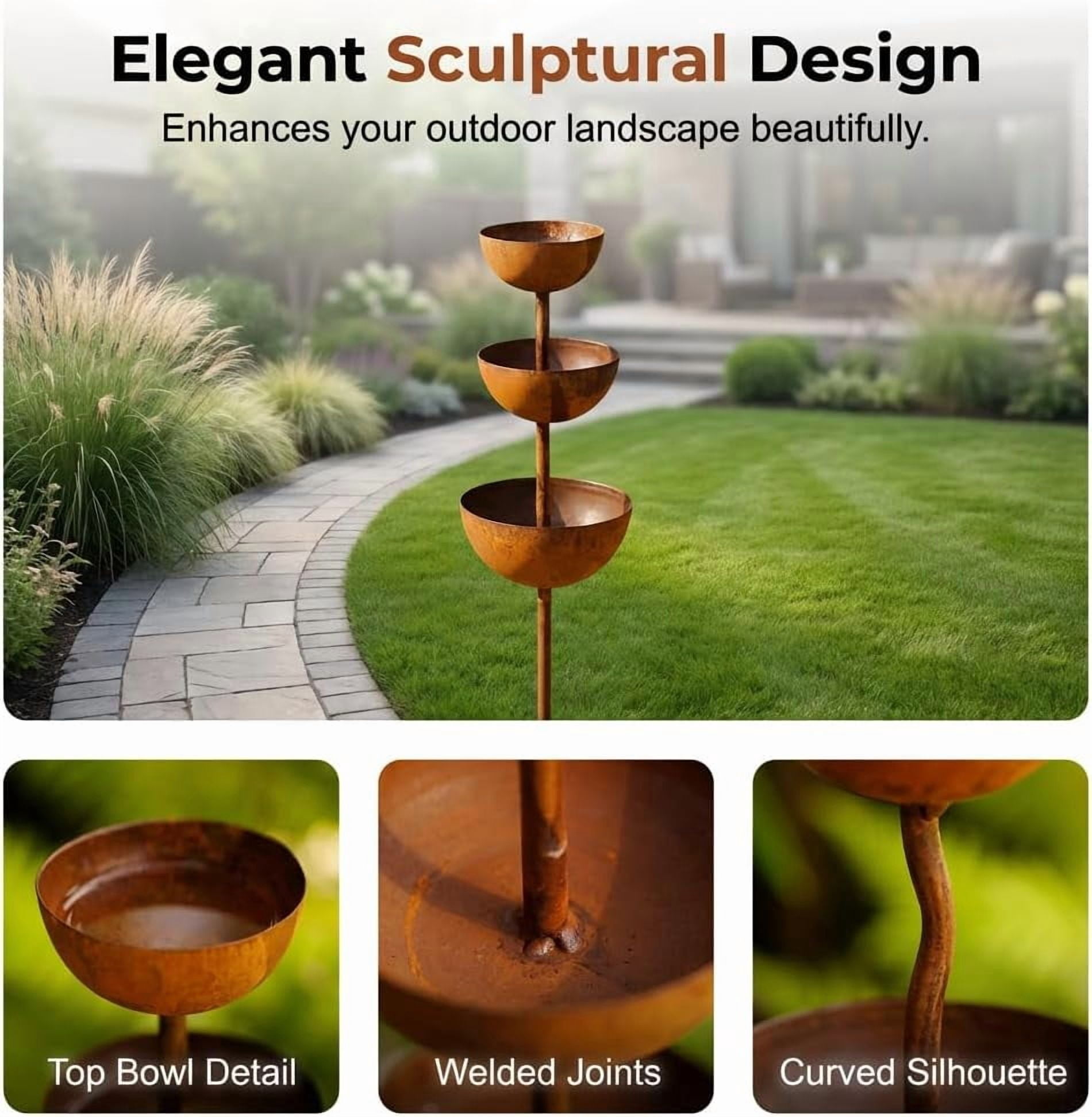 Decorative Rain Catcher Garden Stake, 3-Tiered Metal Water Bowls Bird Bath and Butterfly Feeder for Outdoor Yard Art Landscape Decoration (1 Piece, Rust)