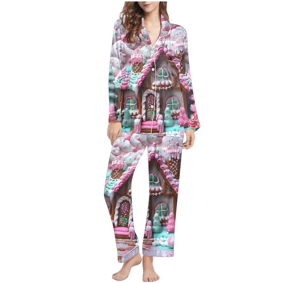 Tnhcen Christmas Printed Women's Pajamas Set 2-Piece Long Sleeve Button Lapel Top Pants Casual Winter Nightwear Home Clothes S-2XL