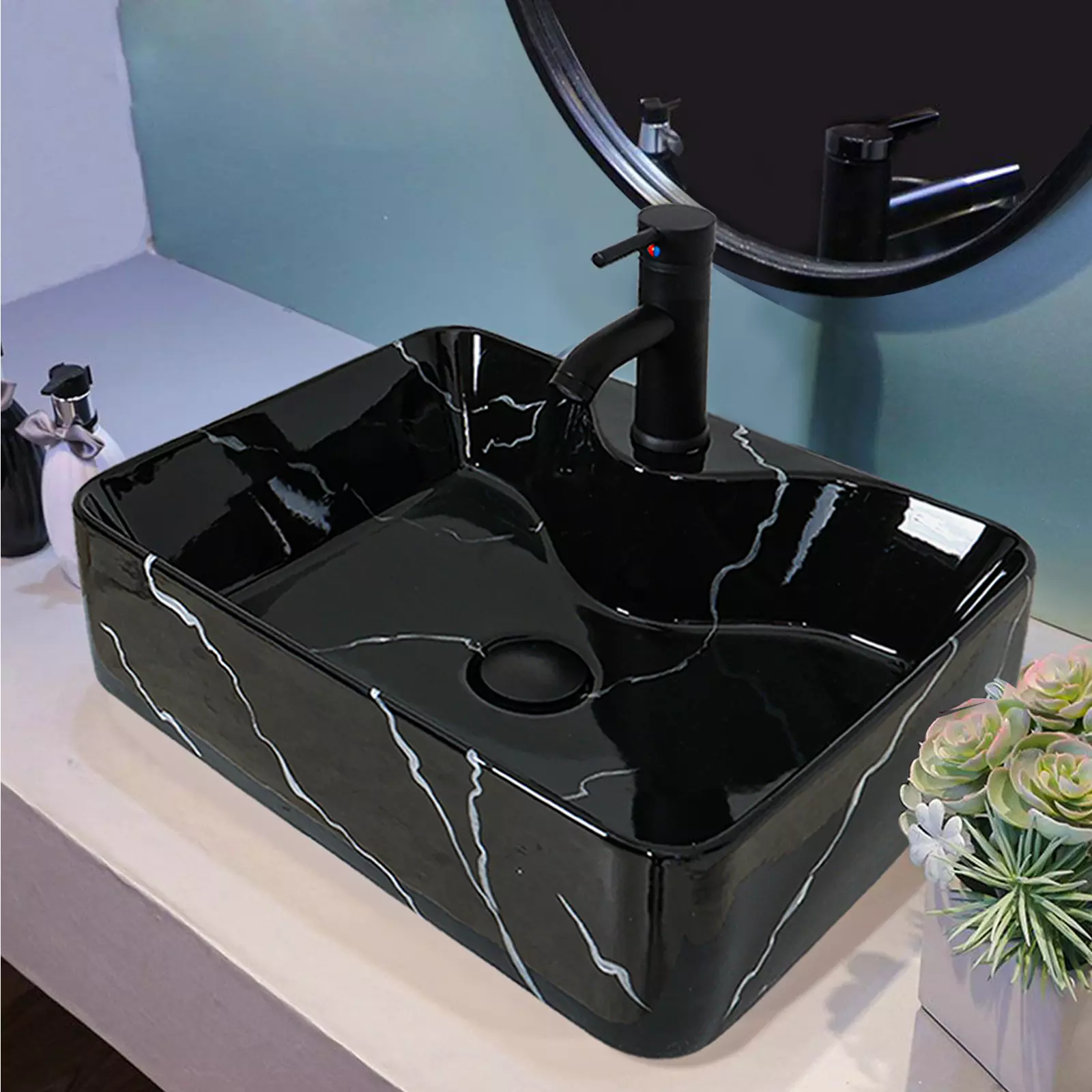 ELECWISH Bathroom Vessel Sink Ceramic Vessel Sink For Bathroom Rectangular Ceramic Vessel Sink with Faucet & drainer set