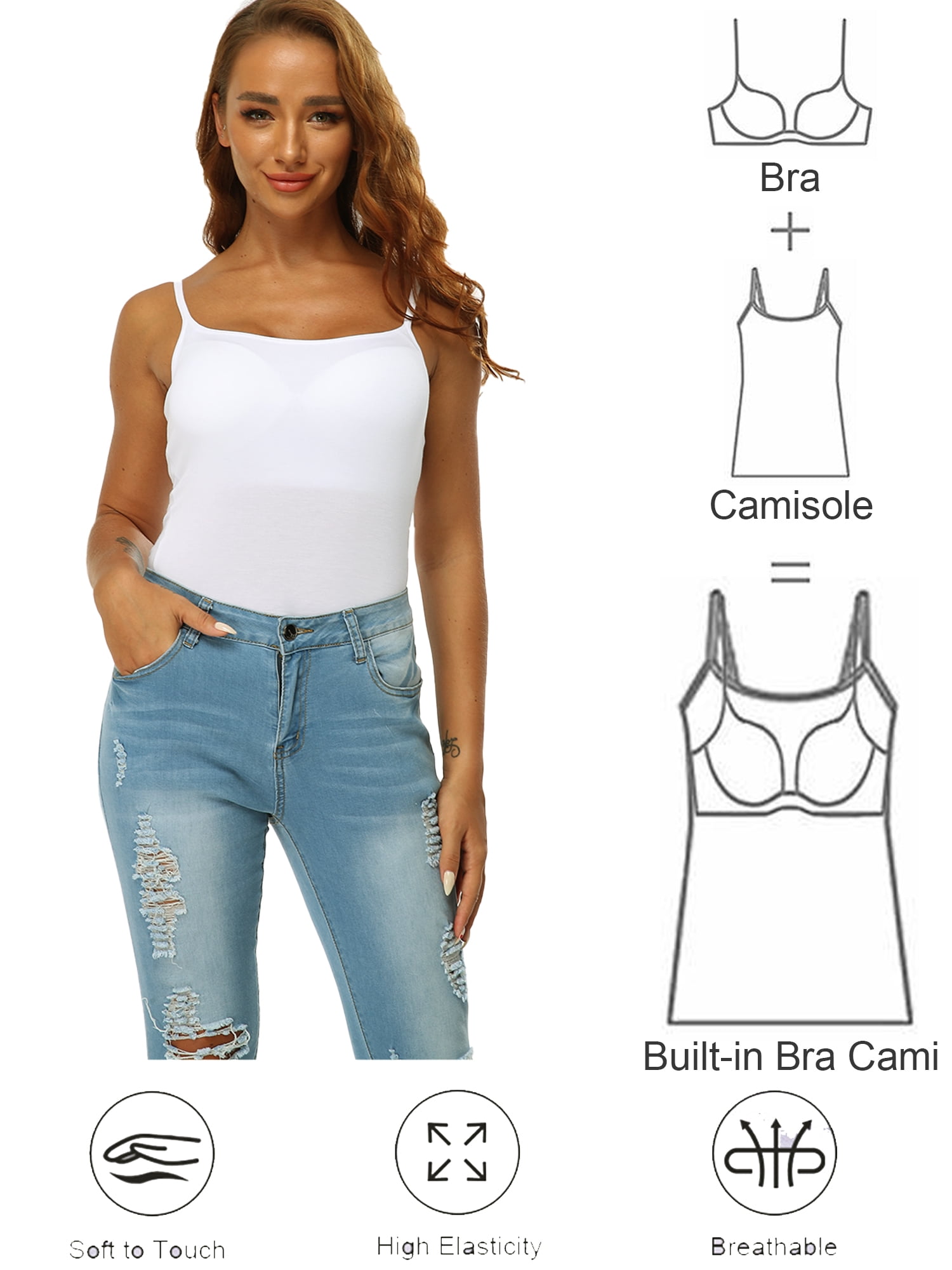 QRIC 2 Pack Women Padded Built-in Shelf Bra Camisole Summer Tank Top for Women Adjustable Straps (S-3XL)