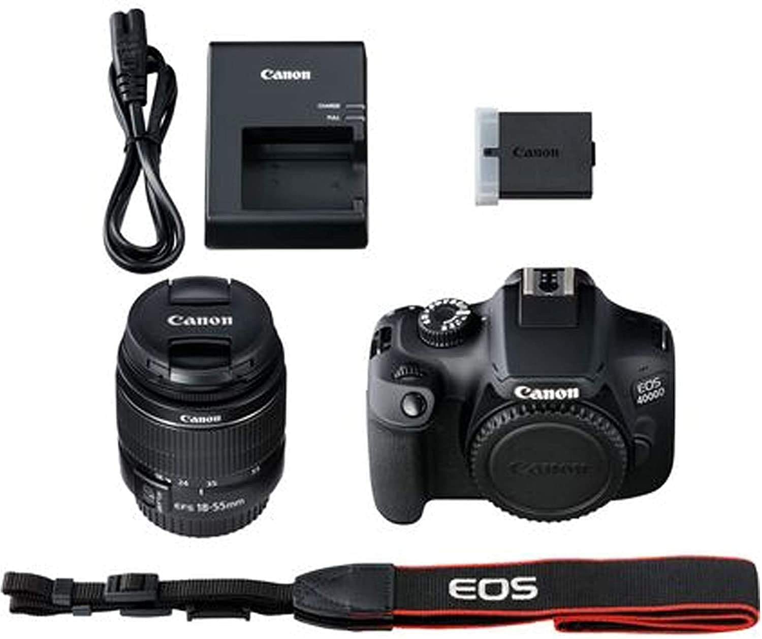 Canon EOS 4000D DSLR Camera w/Canon EF-S 18-55mm F/3.5-5.6 III Zoom Lens + Case + 32GB SD Card+ More+ TopKnotch Cloth (International Model)