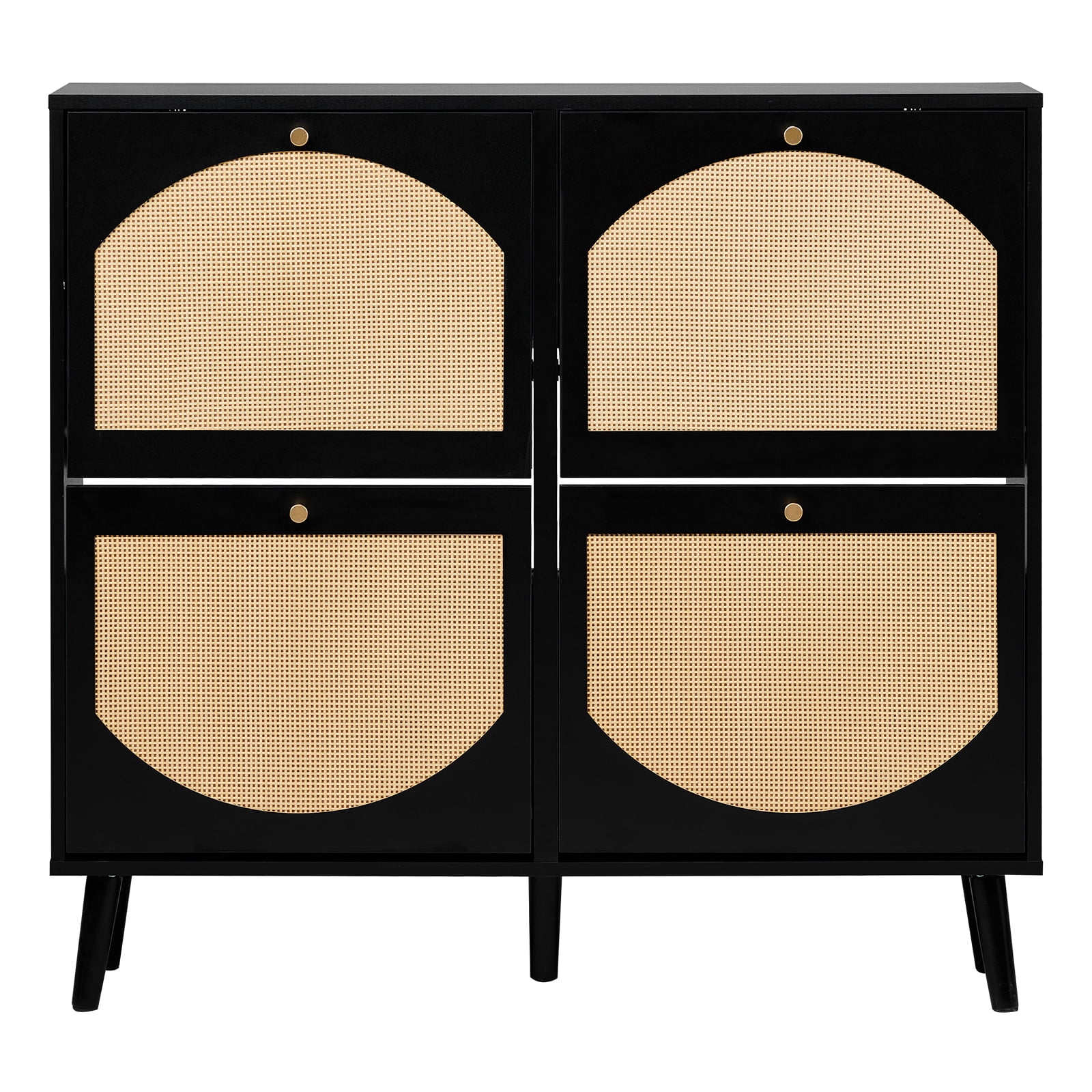 2-Tier Arched Rattan Flip-Top Shoe Cabinet, Black Frame Wood-Tone Rattan Panels, Space-Saving Storage for Entryway Hallway