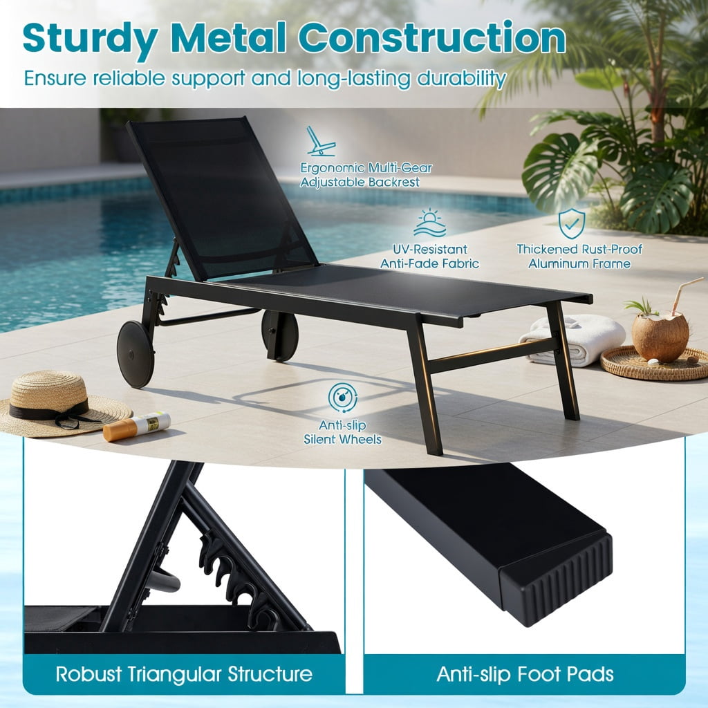 Hommoo Adjustable Patio Chaise Lounge Chair with 6-Position Backrest, Smooth-Rolling Wheels & Breathable Fabric, Metal Outdoor Recliner for Poolside, Deck & Backyard, Black