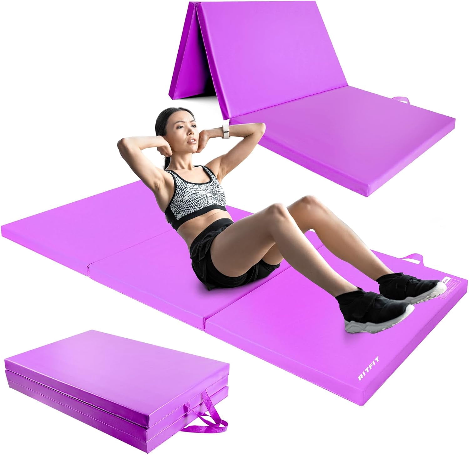 RitFit 3' x 6' Folding Gymnastics Mat with Carrying Handles for Yoga, Stretching, Core Workouts(Purple)