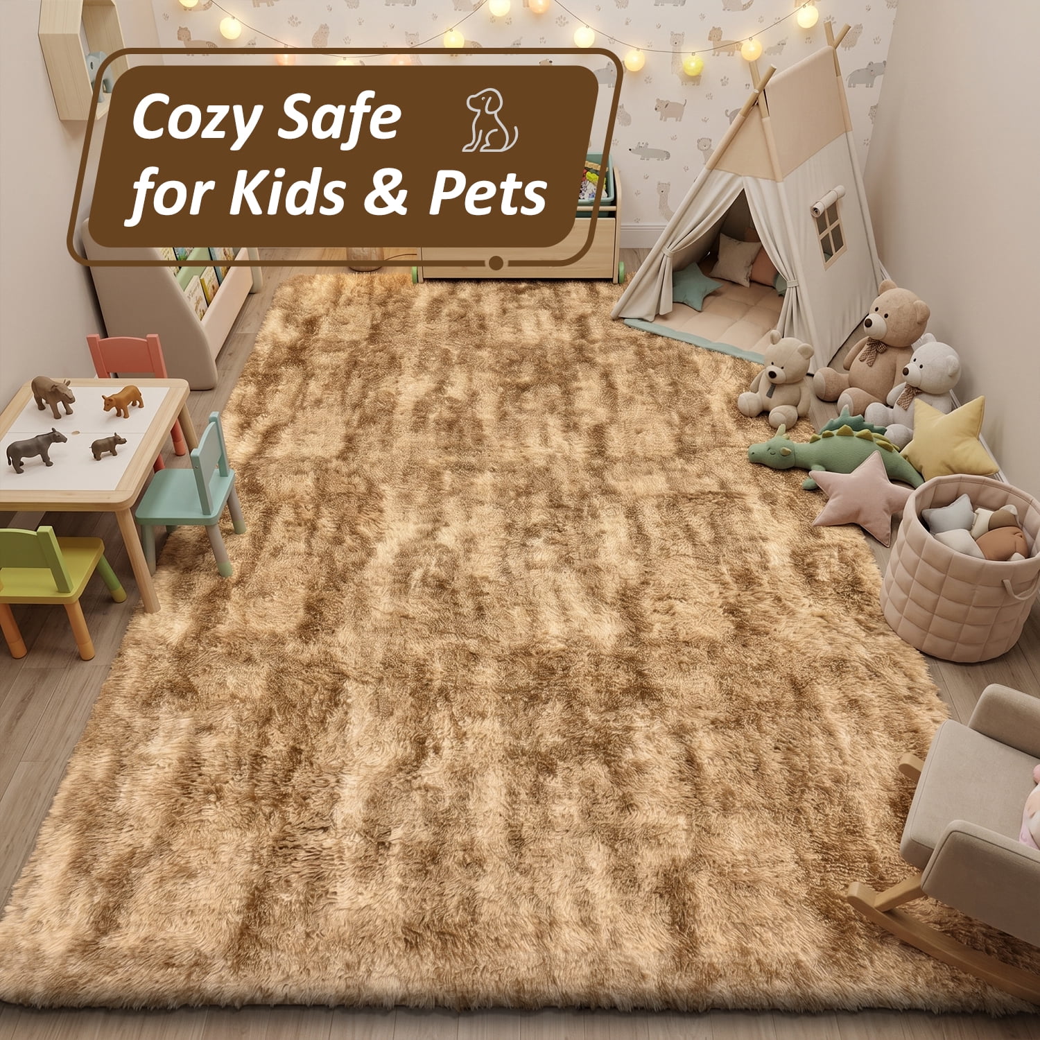 Pentantan 5ft x 8ft Shag Area Rug, Soft Fluffy Rugs for Living Room Bedroom, Modern Tie-dye Home Carpet, Camel