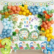 Three Rex Birthday Decorations Boy, Dinosaur 3rd Birthday Decorations, Dino Themed 3 Year Old Birthday Party Supplies, 3 Rex Backdrop Balloon Banner Tablecloth Cake Topper Plates Napkins Forks