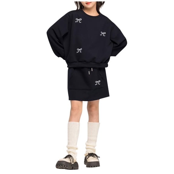 Owordtank Girls Embroidered Bow Loose Crewneck Sweatshirt and Mini Skirt Cute Clothing Set 2 Piece Outfits for 5-16 Years