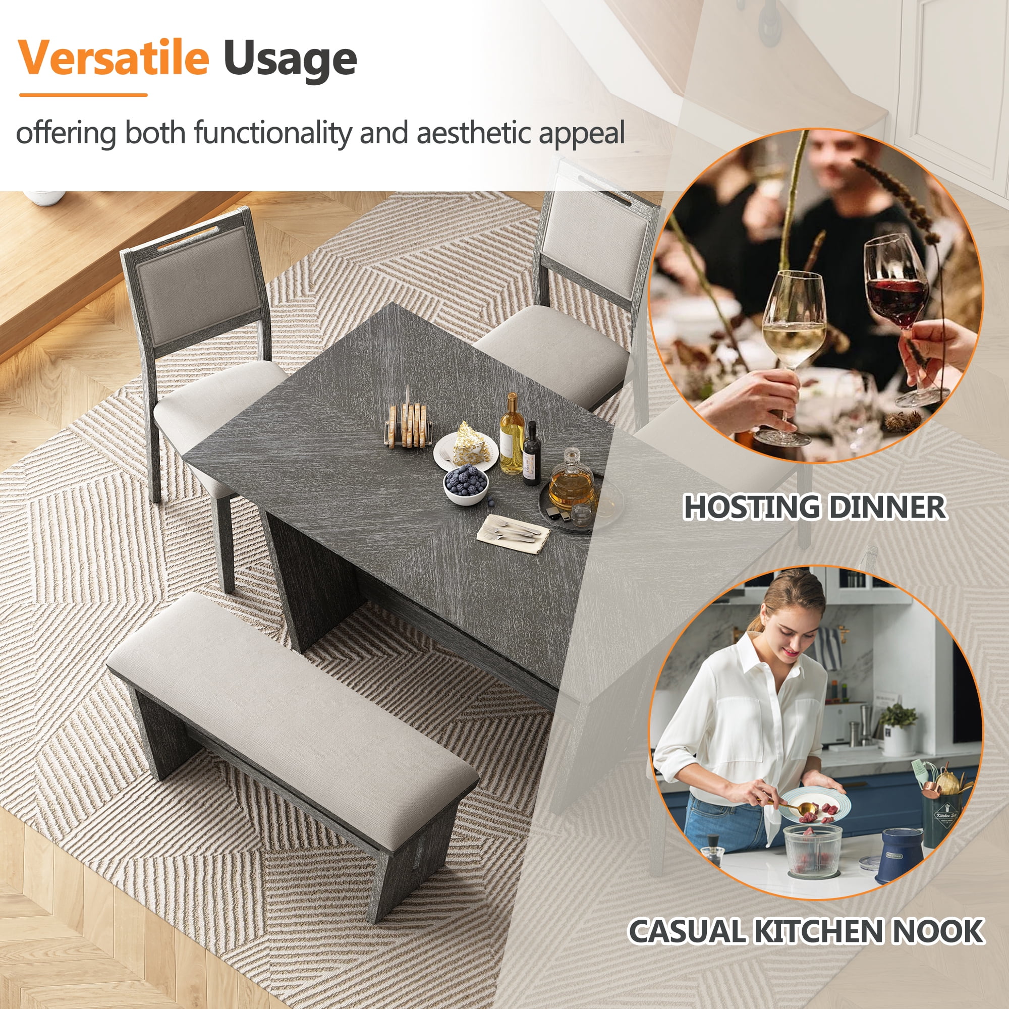 Euroco 6-Piece Dining Table Set for 6, 59.8" Retro Rectangular Kitchen Table with 4 Upholstered Chairs & 1 Bench,Dining Furniture Set for Living Room and Kitchen,Gray